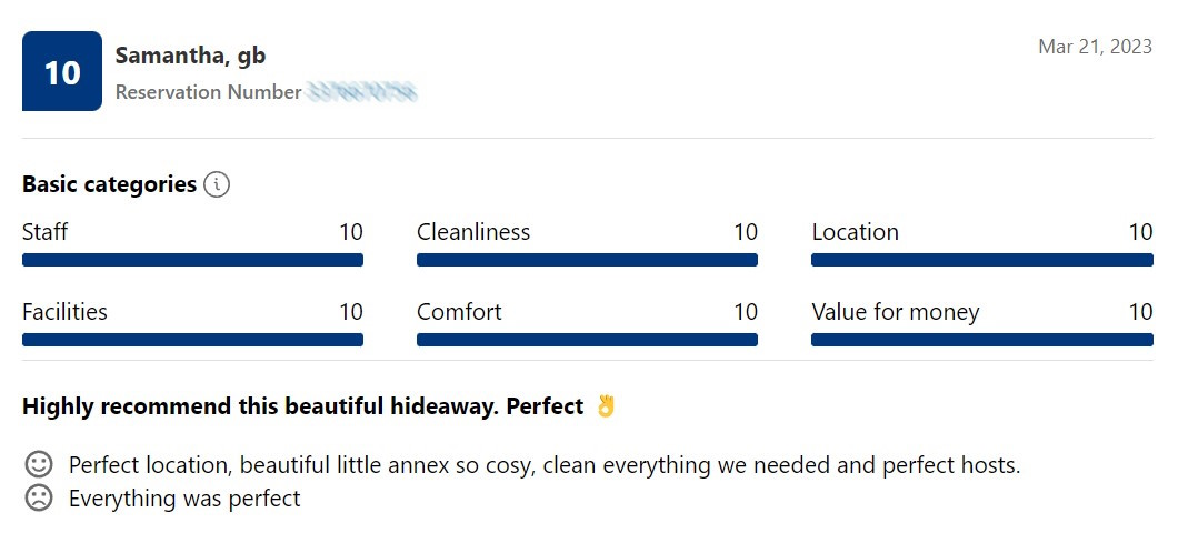 Booking.com Review from Samantha 10/10 for the Hayling Hideaway in March 2023